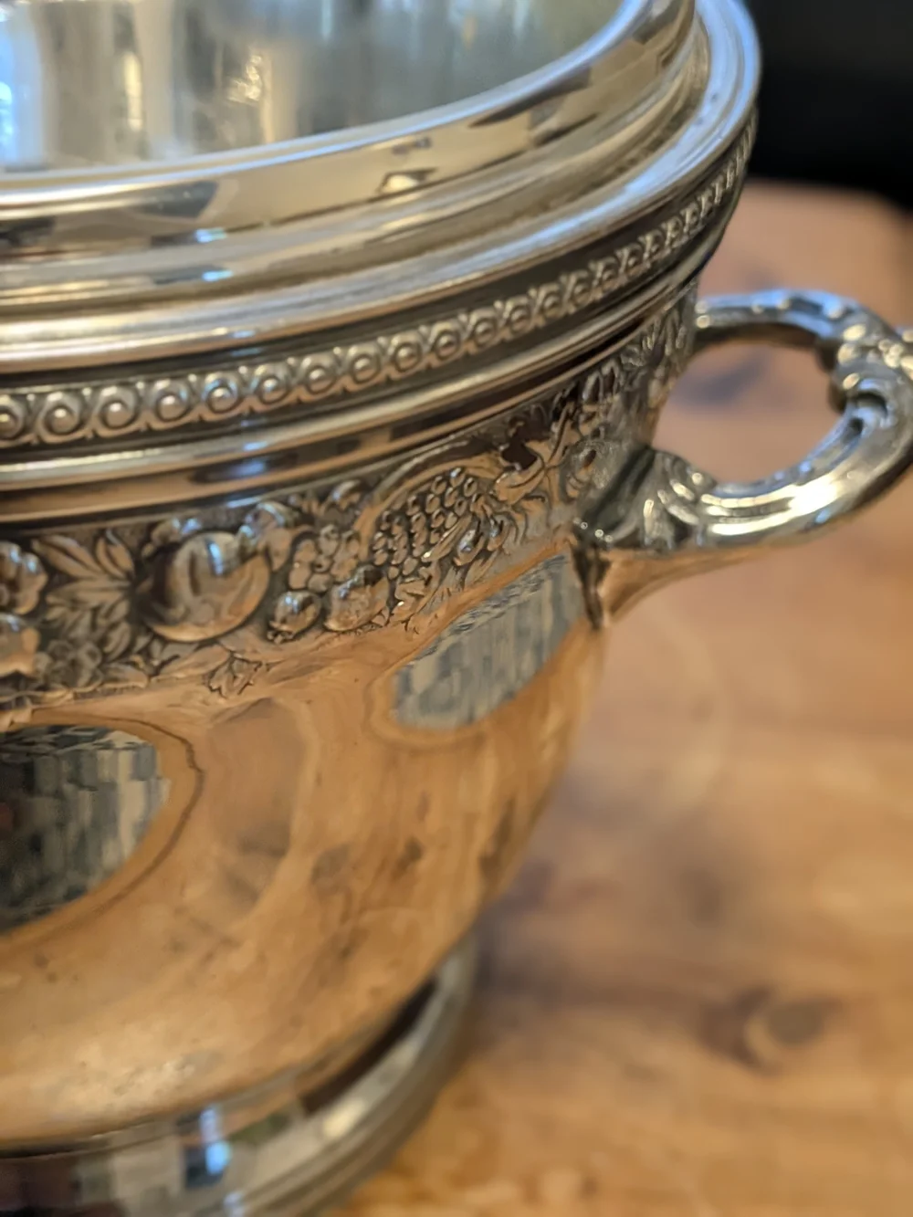 Vintage Silver Plate Insulated Ice Bucket | Ornate Fruit & Vine Relief with Lid